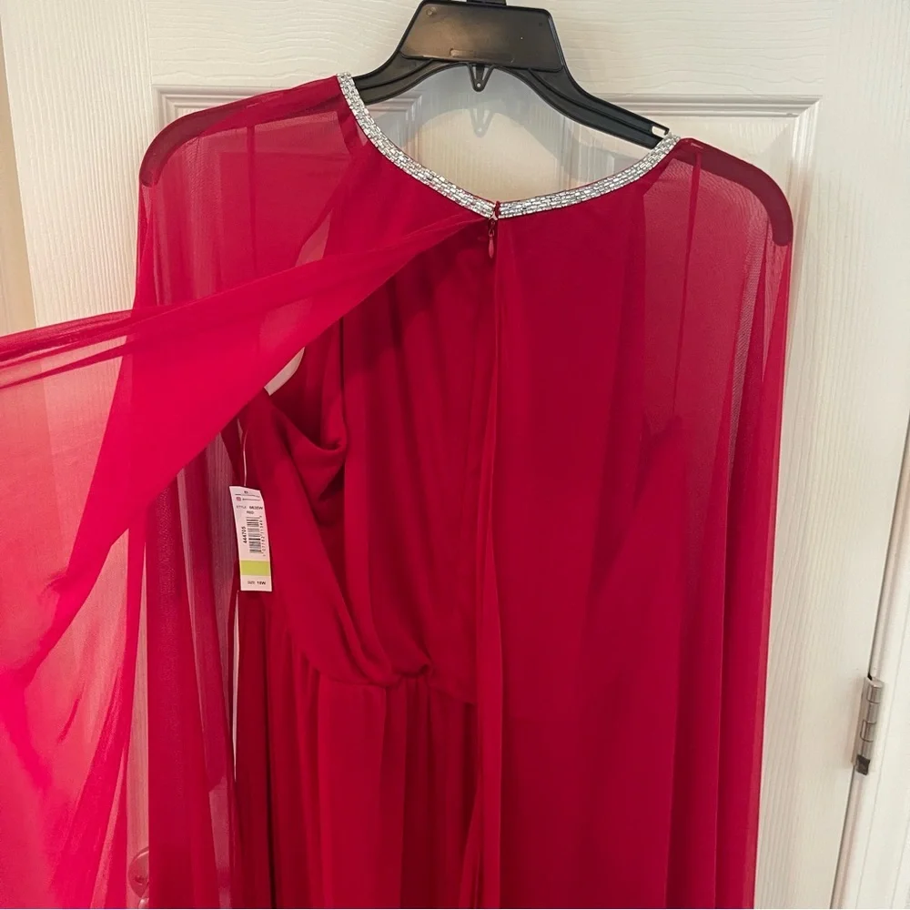 R&M Richards Sheer Cape Vibrant Red Dress with Embellished Trim